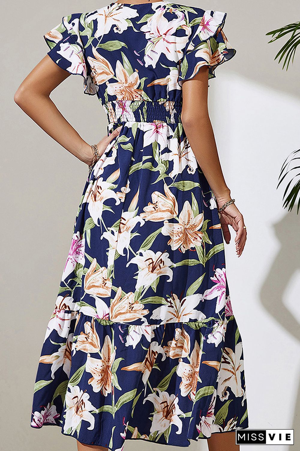 V Neck Ruffle Sleeves Wrap Floral Dress