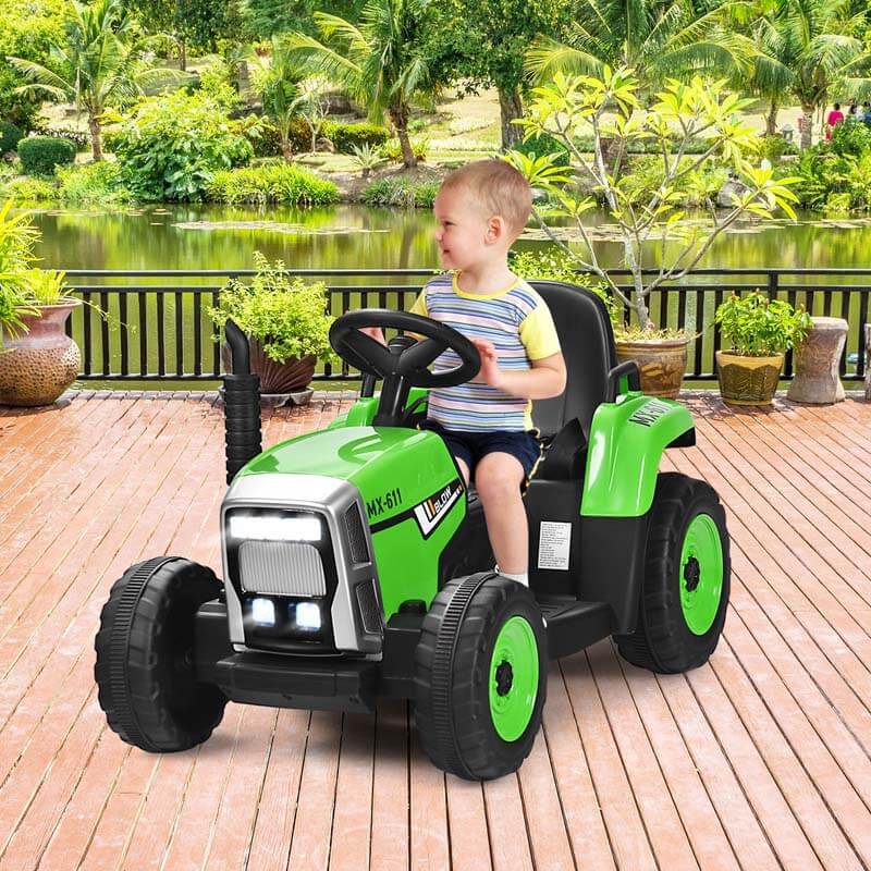 Kids Ride on Tractor w/Trailer 12V Battery Powered Electric Riding Toy Car Vehicle with 3-Gear-Shift Ground Loader