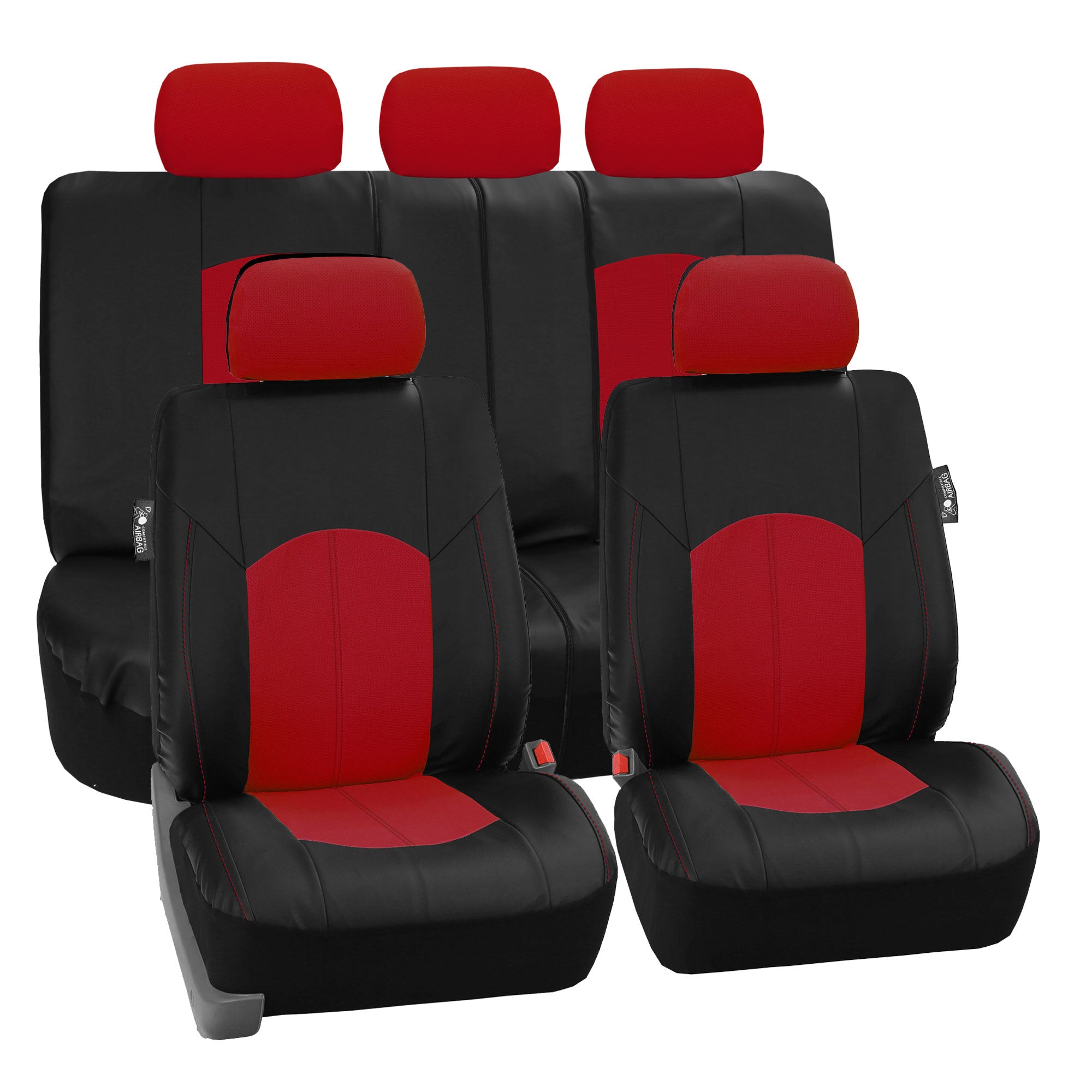 FH Group， Red Black Deluxe Leather Seat Covers Full Set w/ Free Air Freshener， Airbag Compatible / Split Bench Covers