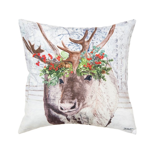 X 18 quot Reindeer Wearing A Red Holly Flower Crown Indoor And Outdoor Throw Pillow