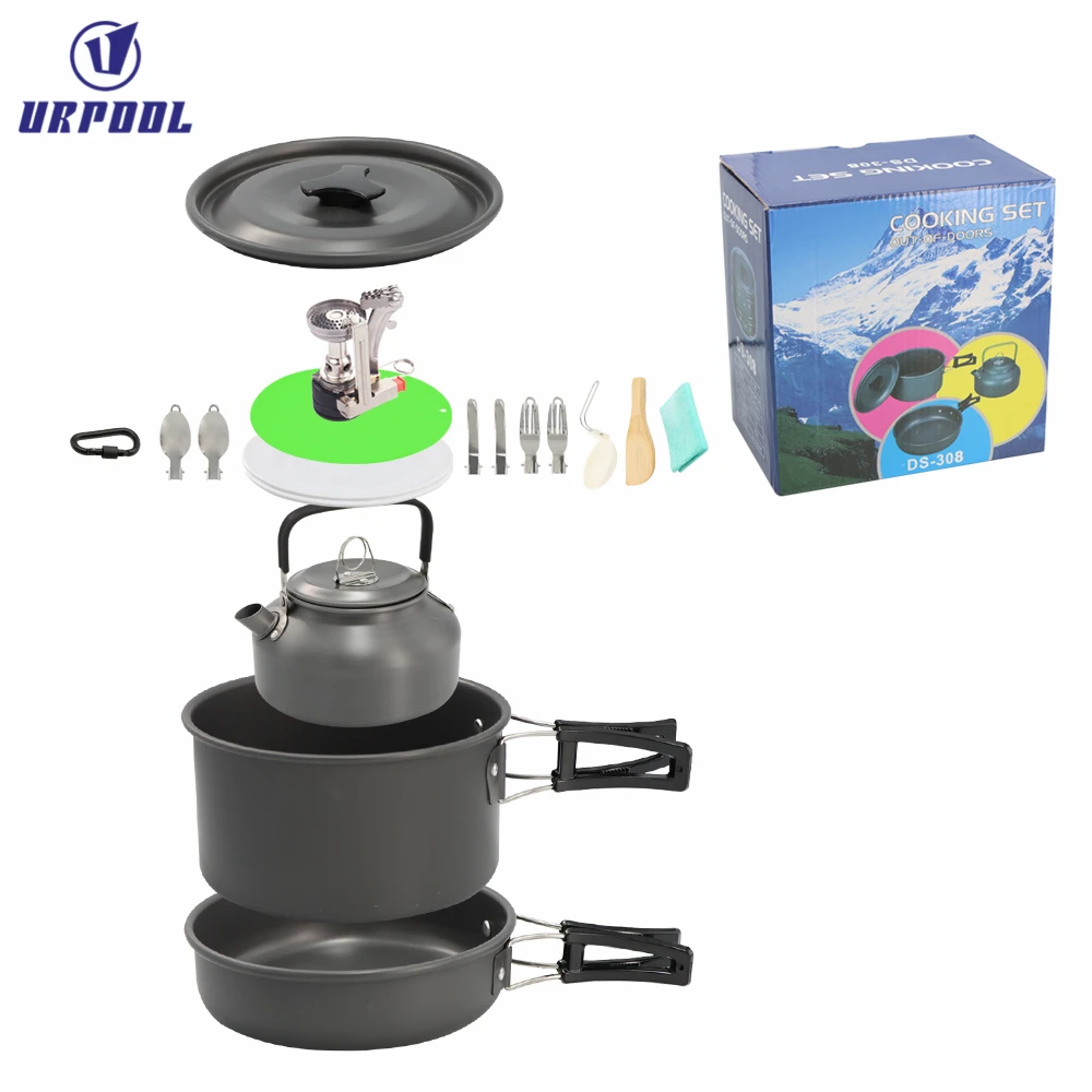 Outdoor Cooking Portable Pot Pan Kettle Aluminum oy Camping Cook set with Cutlery Set for camping and hiking