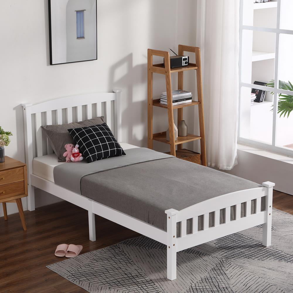 Ktaxon Twin Bed Frame,Solid Pine Wood Kids Twin Platform Bed Frame, Bedroom Twin Bed with Headboard for Adults, White, 78.94âL*42.44âW*39.17âH