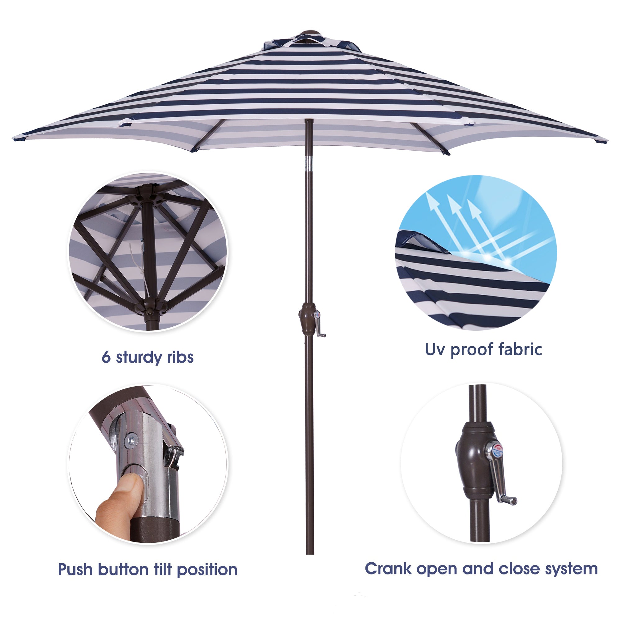 CoSoTower Outdoor Patio 8.6-Feet Market Table Umbrella With Push Button Tilt And Crank, Blue/White Stripes[Umbrella Base is not Included]