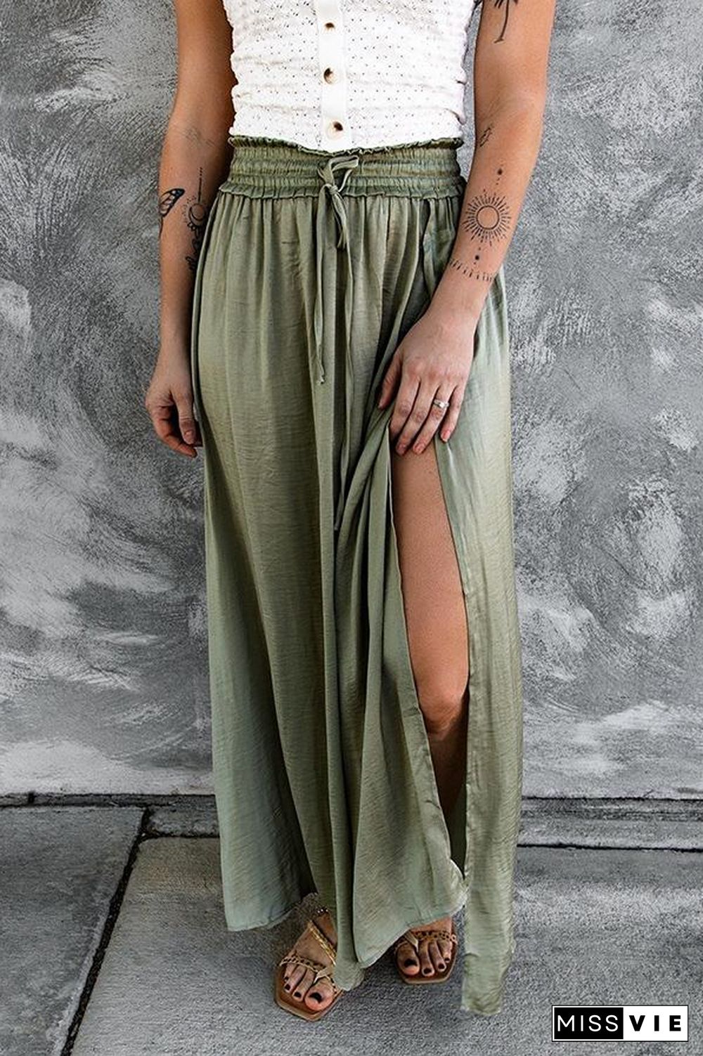 Adjustable Drawstring Waist Silky Maxi Skirt