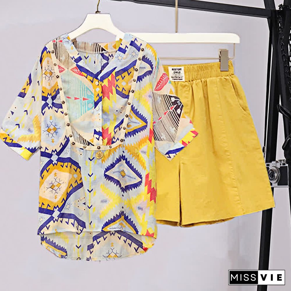 Colorblock Print V-neck T-Shirt Elastic Waist Shorts Two Pieces Set