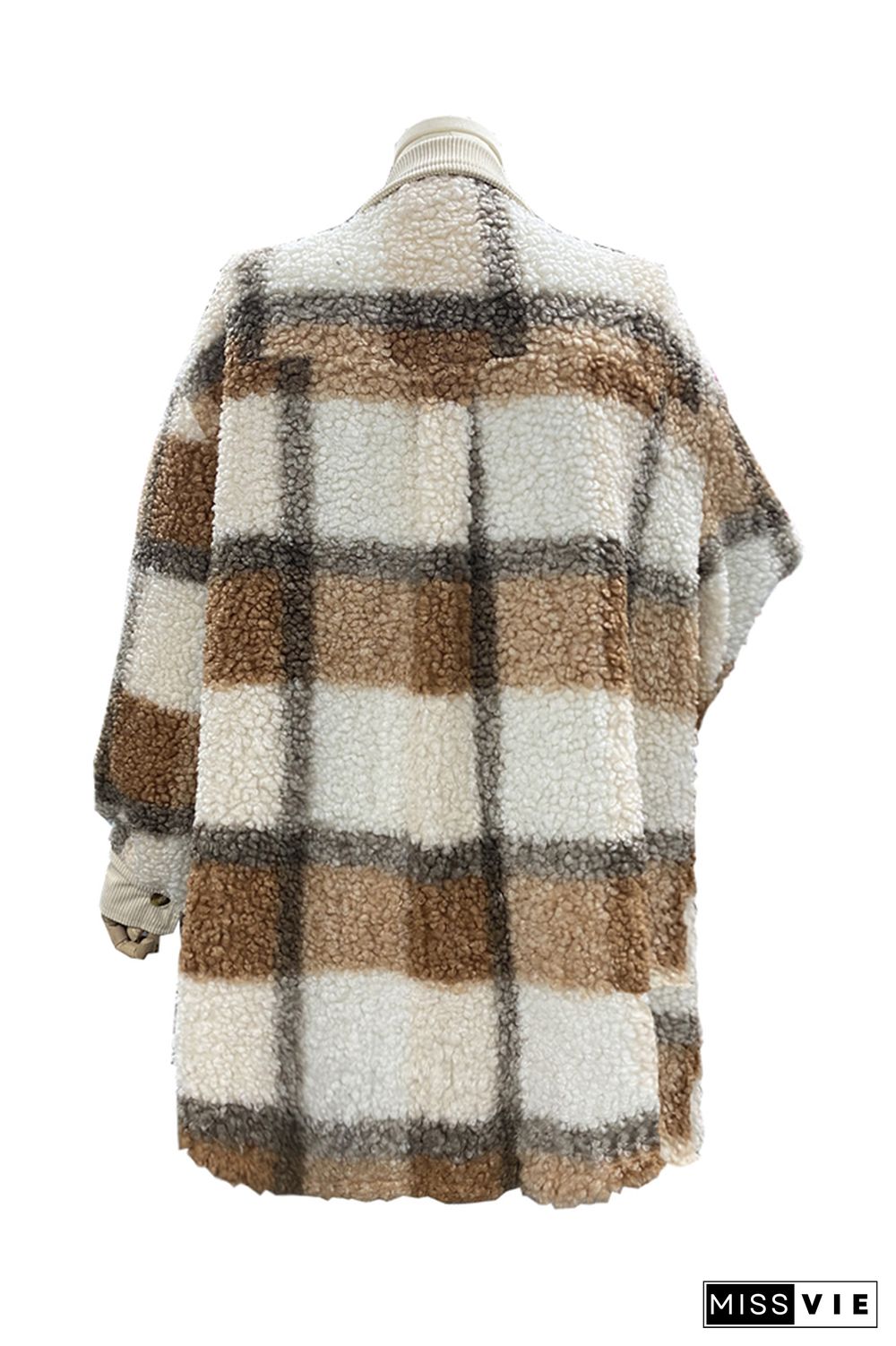 Plaid Open Button Pockets Sherpa Jackets