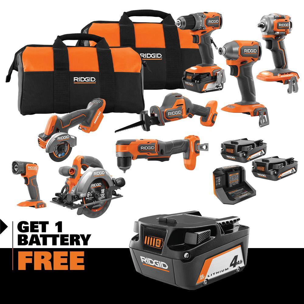 RIDGID 18V SubCompact Brushless 8-Tool Combo Kit w (3) Batteries Charger Bag  18V 4.0 Ah Battery R96262N-AC87004