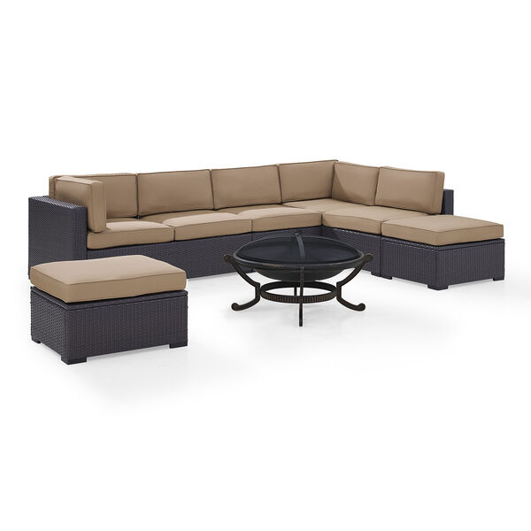 Biscayne 7 Person Outdoor Wicker Seating Set in Mocha  - Two Loveseats， One Armless Chair， Two Ottomans， Ashland Firepit