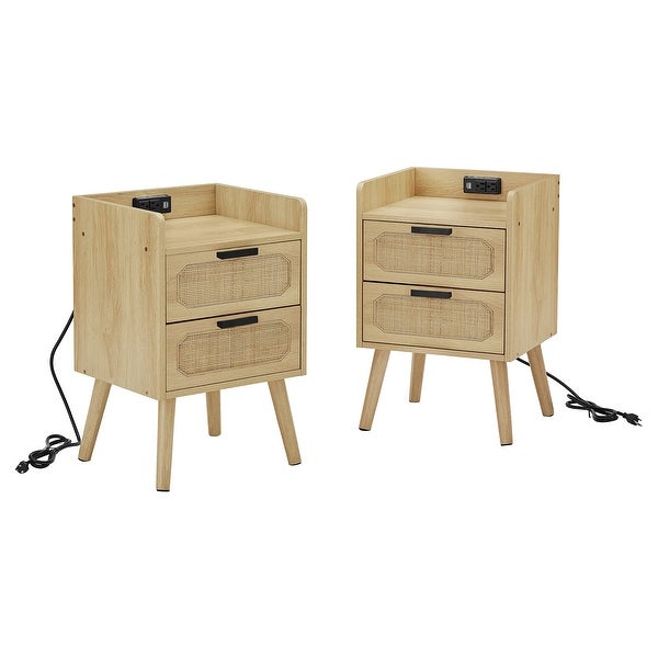 Set of 2， Rattan Nightstand with Charging Station， Bedside Table End Table with USB Outlets and 2 Drawers， Wood Side Table - - 37628819