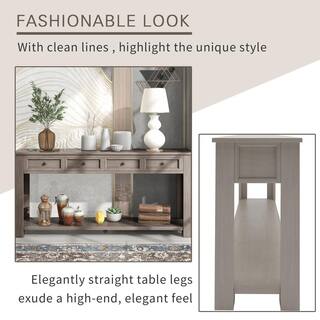 ANBAZAR 63 in. Gray Wash Rustic Wood Rectangle Console Table for Entryway Hallway Sofa Table with 4-Drawers and 1-Bottom Shelf 01516ANNA-E