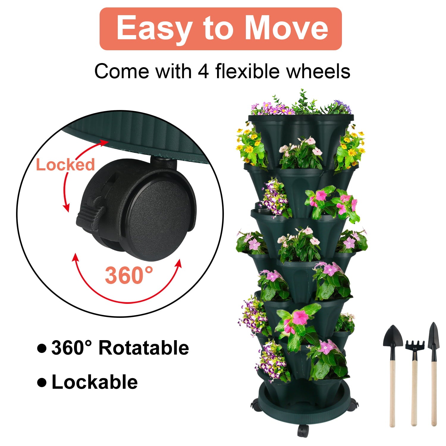 Strawberry Vertical Planter Tower Garden, 7 Tiered Planter Stackable Herb Garden Planter with Movable Casters and Bottom Saucer Indoor and Outdoor - Green - 2Set