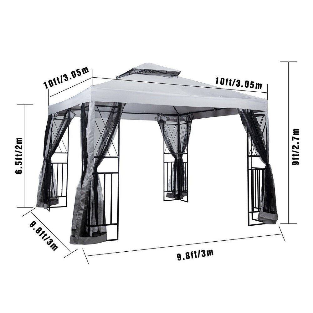 Light Gray 10x10 ft Patio Gazebo with Mosquito Net  Shelves  Ventilated Top