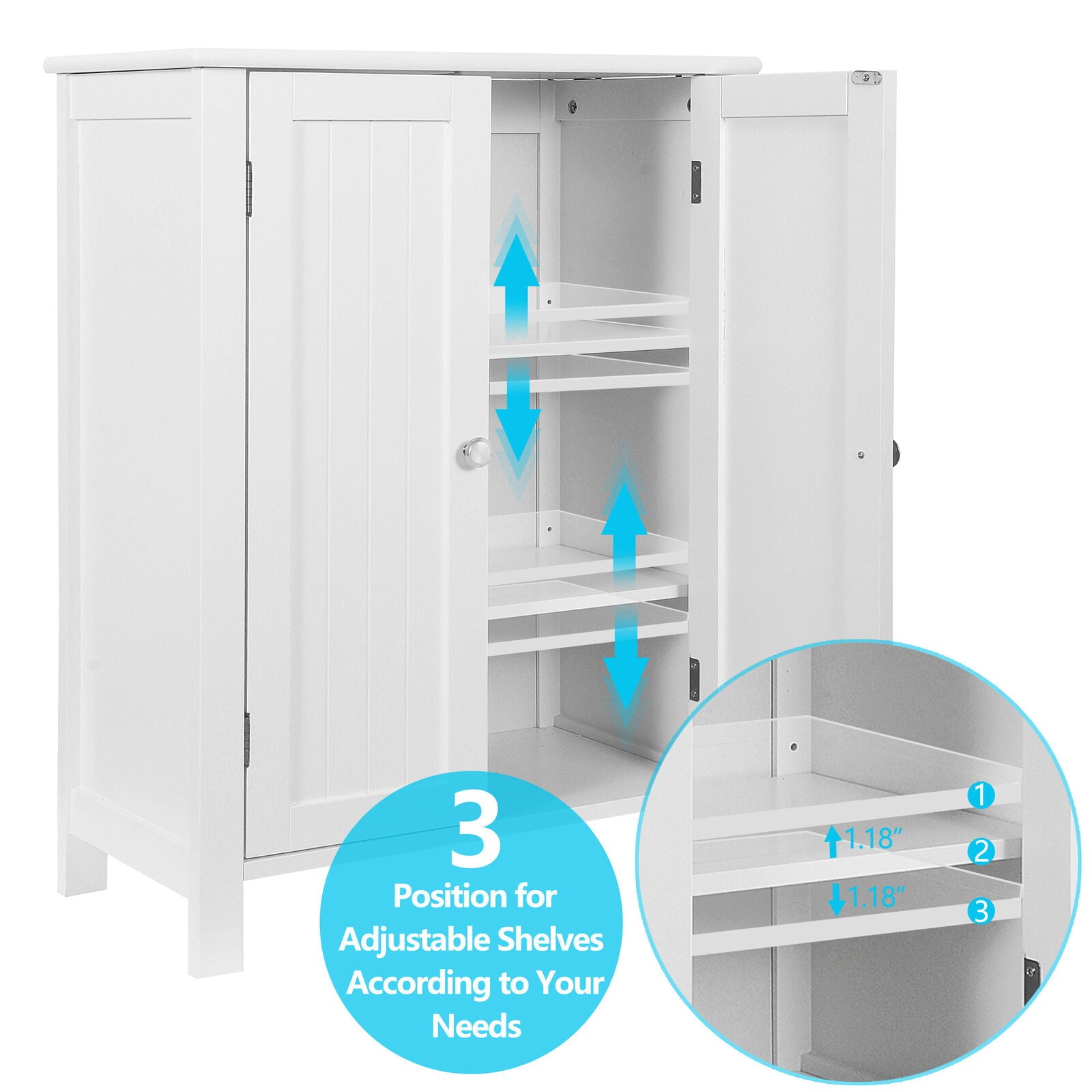 ZENSTYLE White Wooden Bathroom Floor Cabinet Storage Cupboard 3 Shelves Save Space