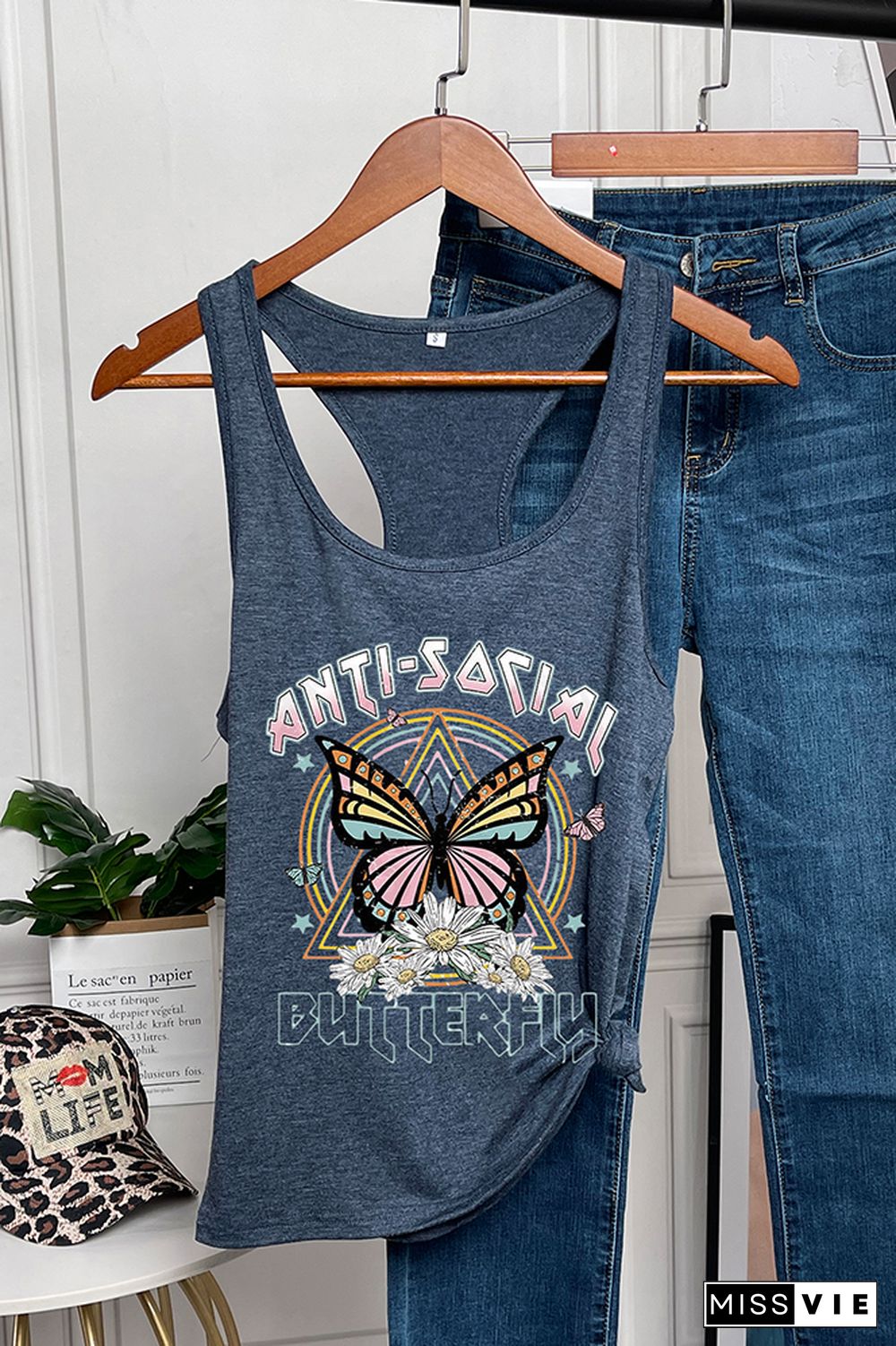 Retro Anti Social Butterfly Printed Sleeveless Tank Top Wholesale