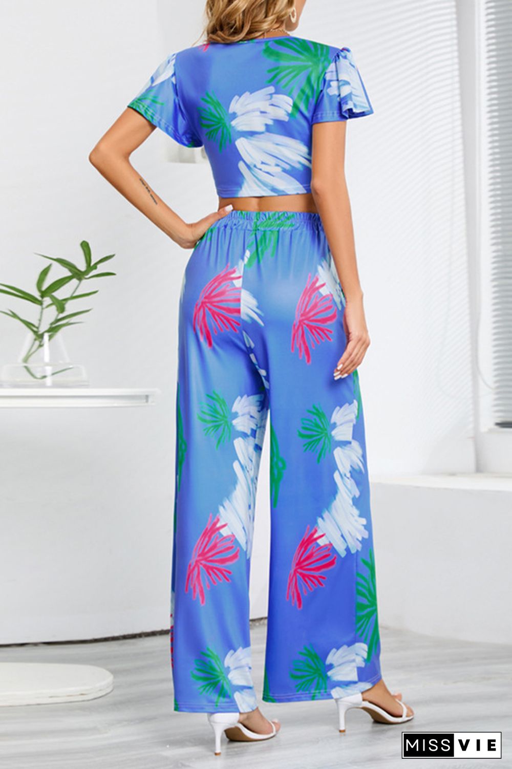 Leaf Print Crop Top and Wide Leg Pants Two Pieces Set