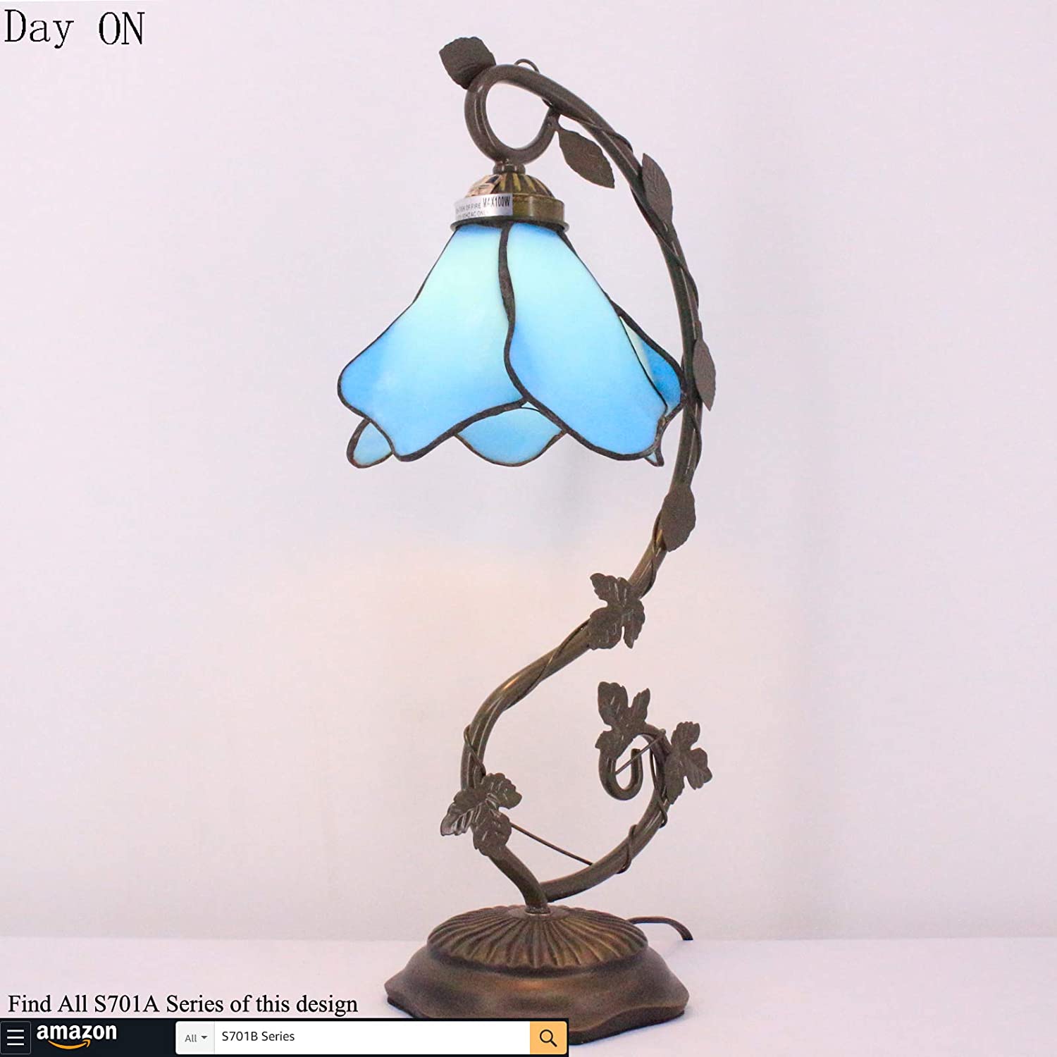 SHADY  Lamp Blue Stained Glass Table Lamp  Metal Leaf Table Desk Reading Light 8X10X21 Inches Decor Small Space Bedroom Home Office S701 Series