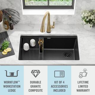 Delta Everest Black Granite Composite 32 in. Single Bowl Undermount Kitchen Sink with Accessories 75B933-33S-BL