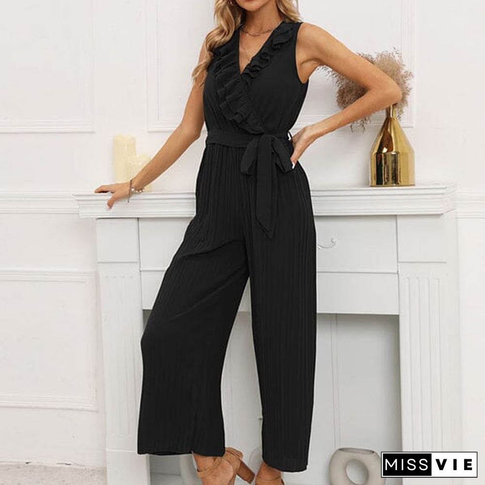 V-Neck Sleeveless Straight Summer Jumpsuit