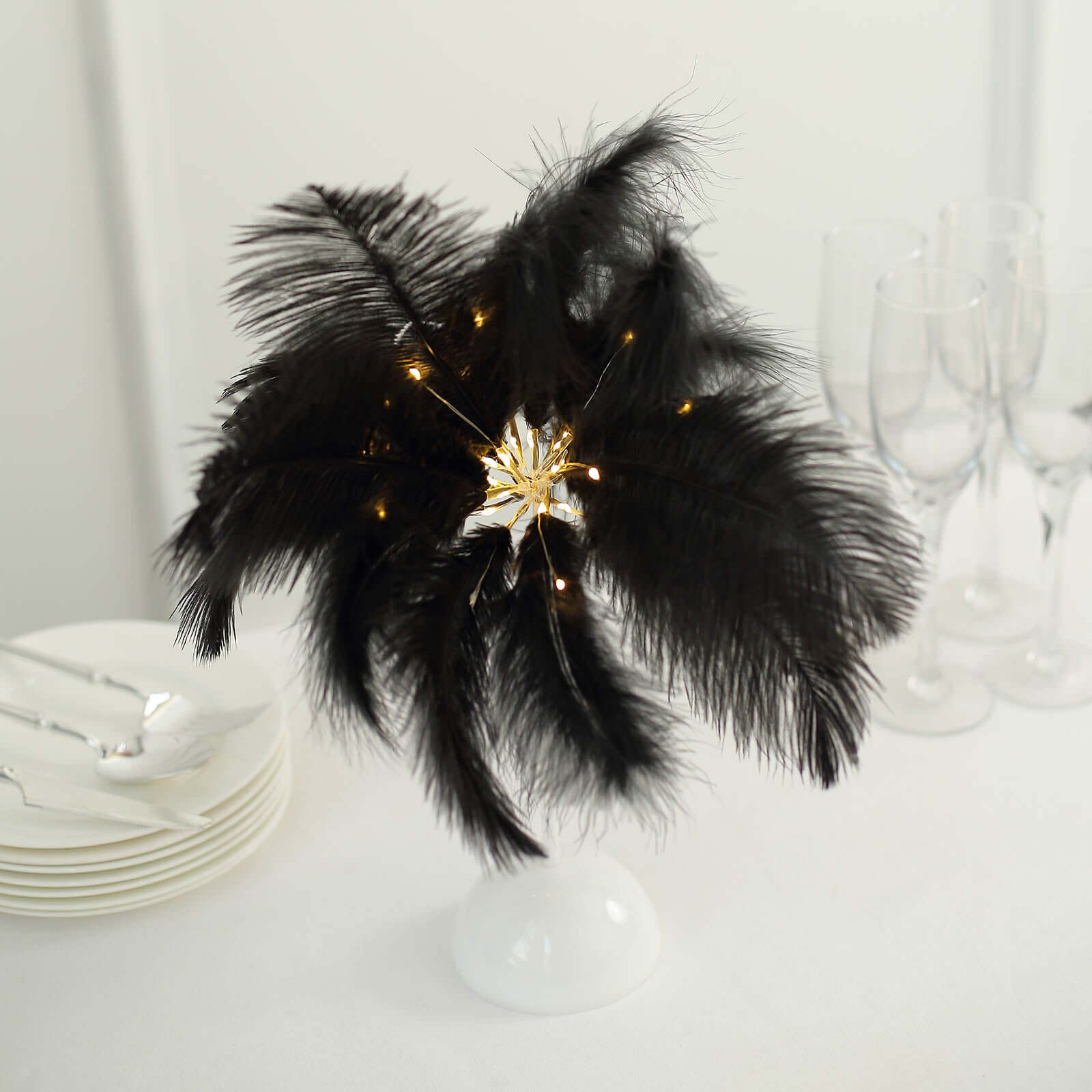 LED Black Ostrich Feather Table Lamp Desk Light, Battery Operated Cordless Wedding Centerpiece 15