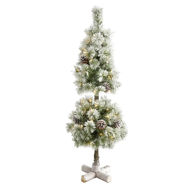 Nearly Natural 3-ft Flocked Artificial Christmas Tree Topiary With 50 Warm White Led Lights And Pine Cones