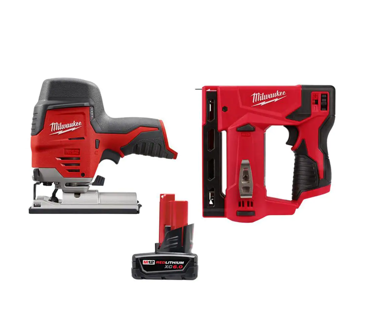 Milwaukee 2445-20-2447-20-48-11-2460 M12 12V Lithium-Ion Cordless Jig Saw with M12 3/8 in. Crown Stapler and 6.0 Ah XC Battery Pack