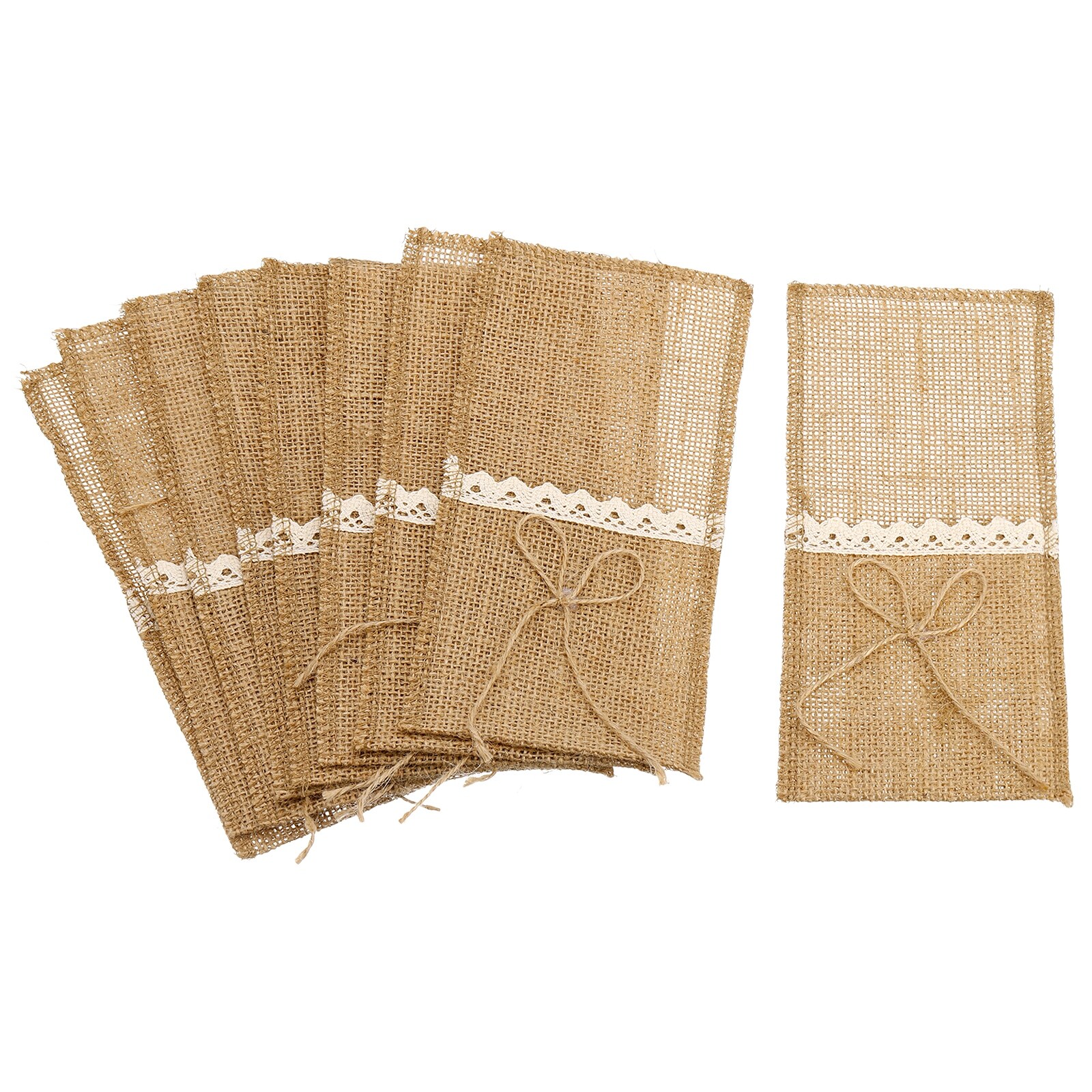 10Pcs Burlap Lace Utensil Holder Knife Fork Bags Cutlery Pouch for Wedding Party - Light Brown