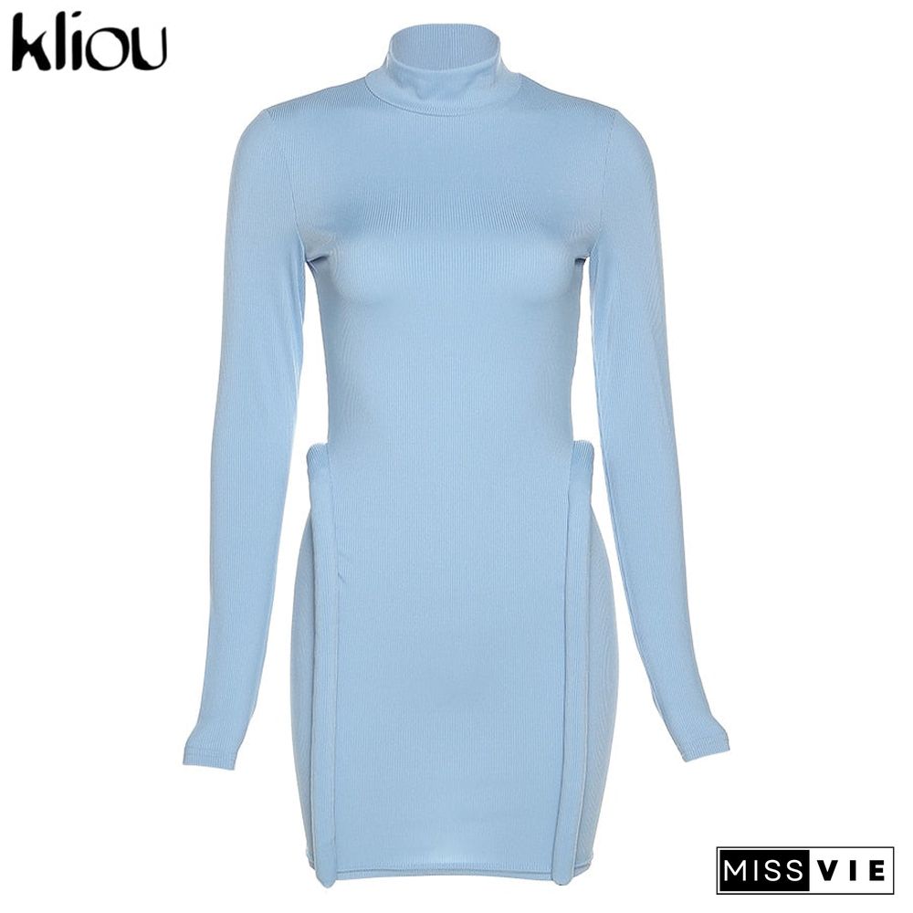 Kliou Knitted Stitching Mini Dress Women Hipster Skinny Three-Dimensional Decoration Bodycon Long Sleeve Turtleneck Streetwear