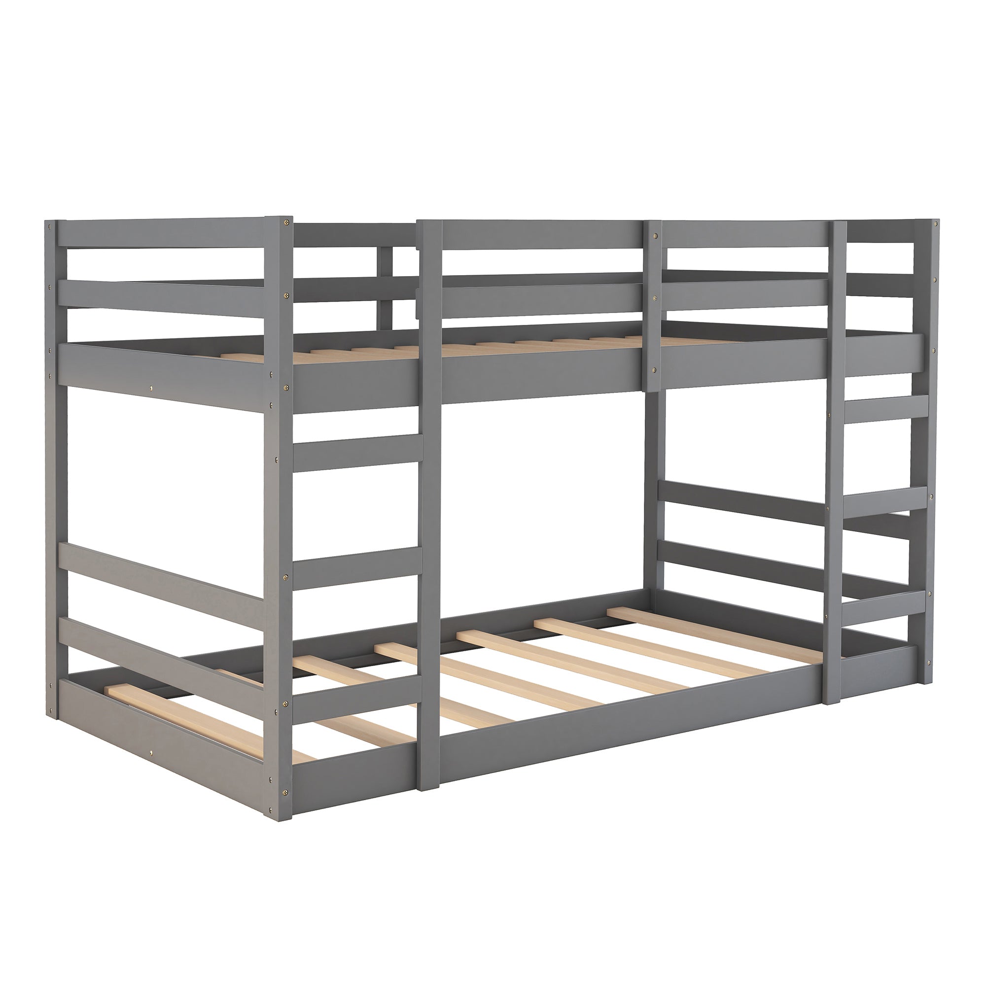 Bellemave Low Twin Over Twin Bunk Beds, Juniors Floor Bunk Bed with Ladder and Guardrails, Wood Twin Bunk Bed for Kids Teens Girls & Boys, Gray