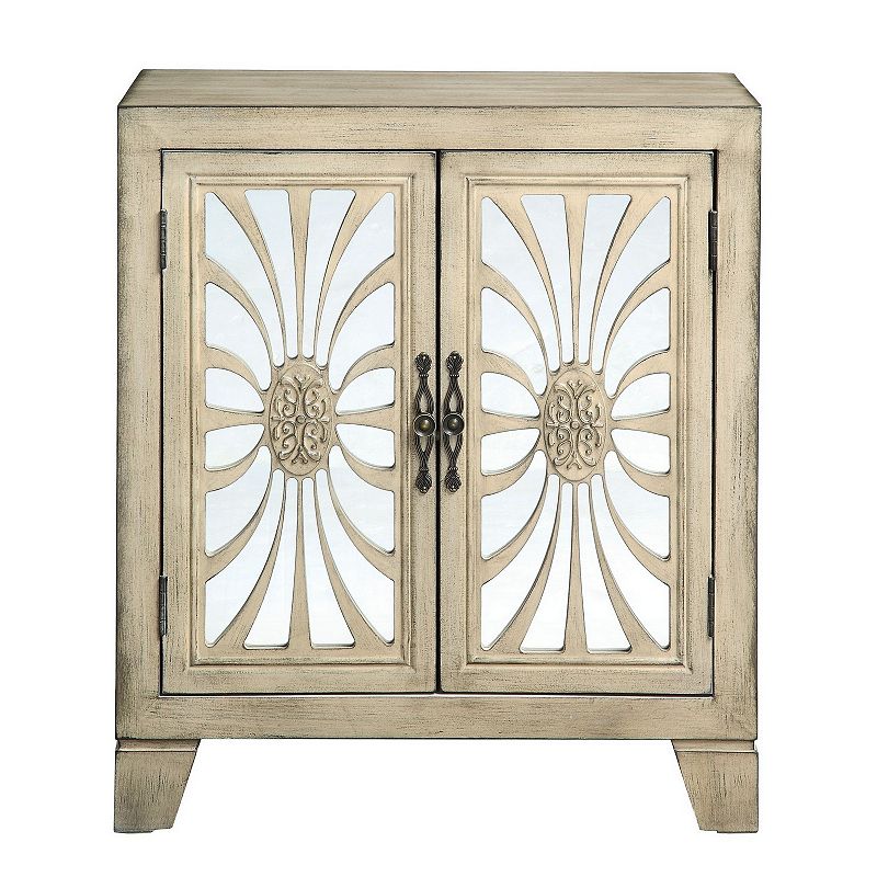 Console Table with 2 Glass Doors and Floral Motif， Antique White