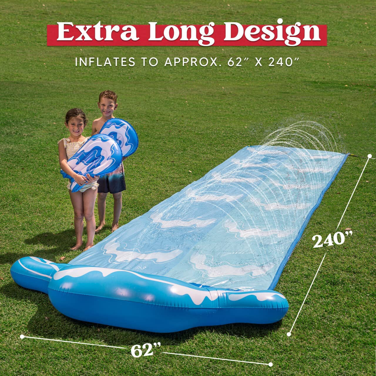 Sloosh 20ft Water Slip Water Slide 2 Person Blue Wave Water Slides with 2 Boogie Boards Backyard Outdoor Waterslide 2 Sliding Racing Lanes with Sprinklers Summer Toy 20ft