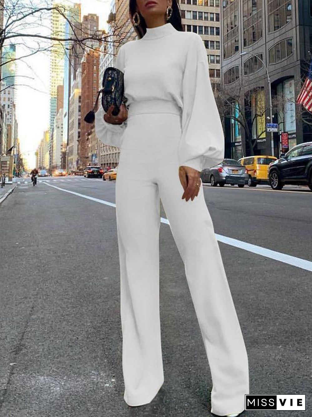 Women's Jumpsuits High Neck Open Back Long Sleeve Wide-Leg Jumpsuit