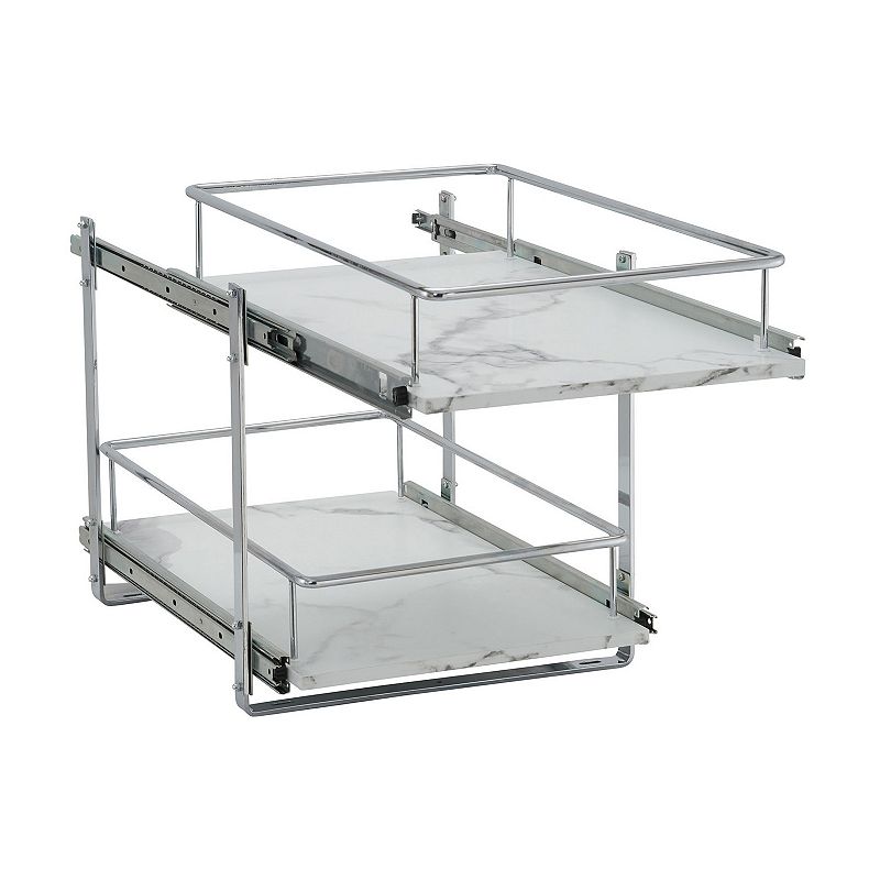 Household Essentials 15-Inch 2-Tier Sliding Cabinet Organizer， Extended Length， Chrome and Faux Marble