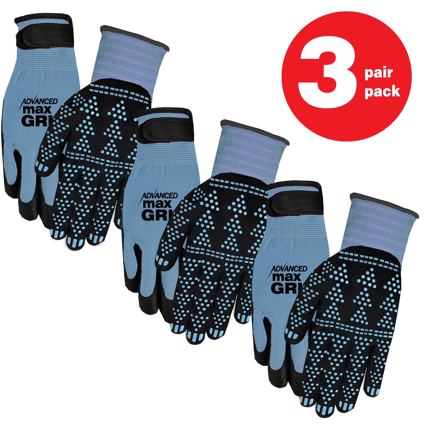 MidWest Gloves & Gear, Unisex, 3 Pack of Blue Advanced Max Grip™ Gripping Gloves, Size SM