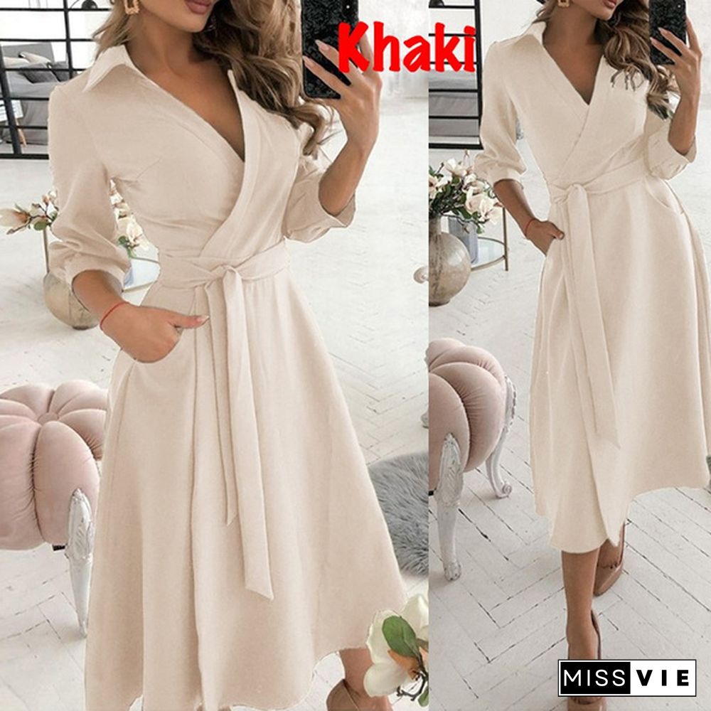 Fashion V-neck Print Dress Summer Casual Dress Belt Lace Up Party A Line Prom Dress Long Sleeve Ladies Tunic Dress