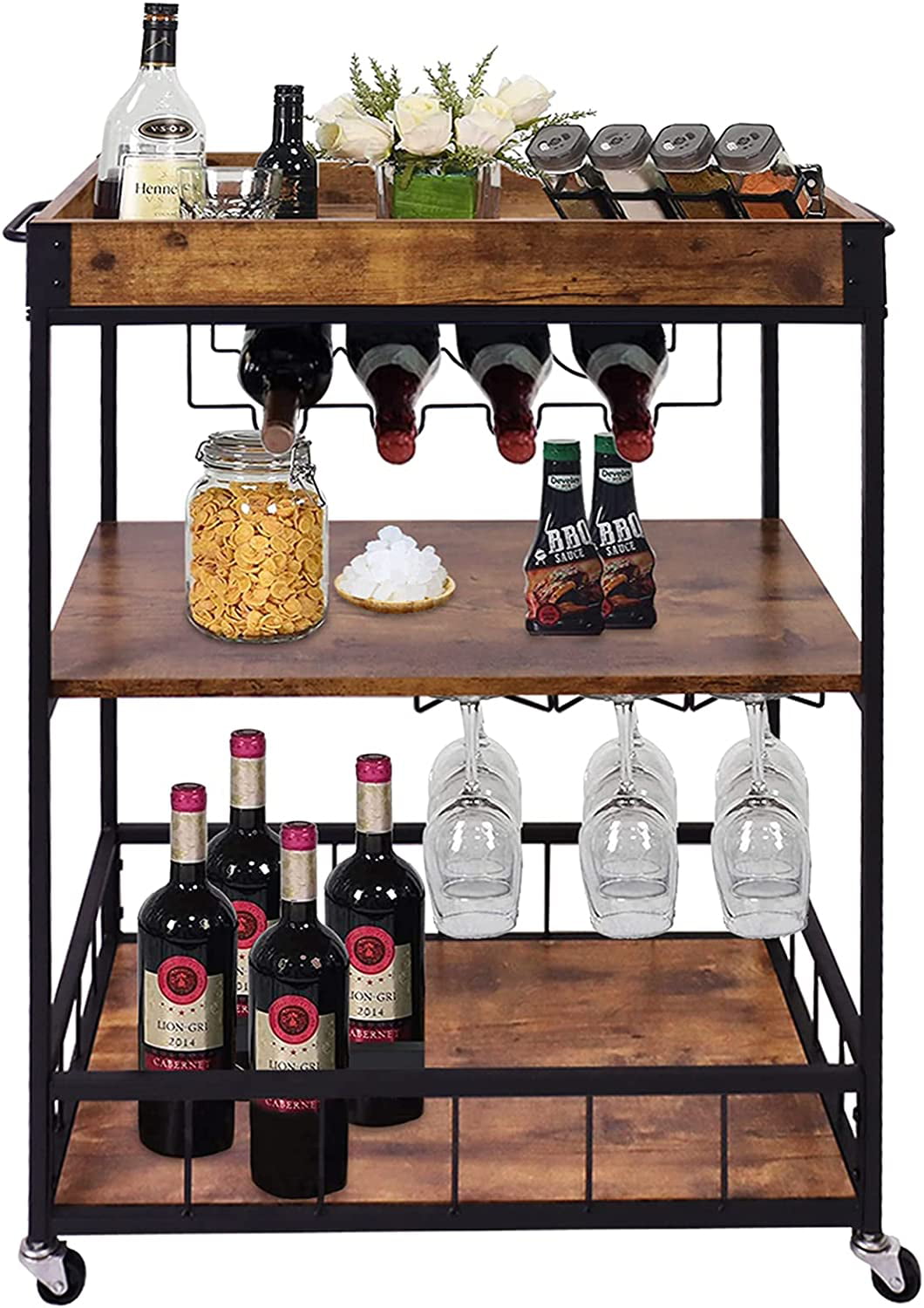 aboxoo Serving Bar Wine Cart 3 Tier Home Rolling Rack with Wheels Mobile Kitchen Industrial Vintage Style Wood Metal Serving Trolley Serving Cart，Glass Holder Bar Cabinet