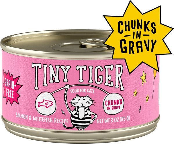 Tiny Tiger Chunks in Gravy Salmon and Whitefish Recipe Grain-Free Canned Cat Food