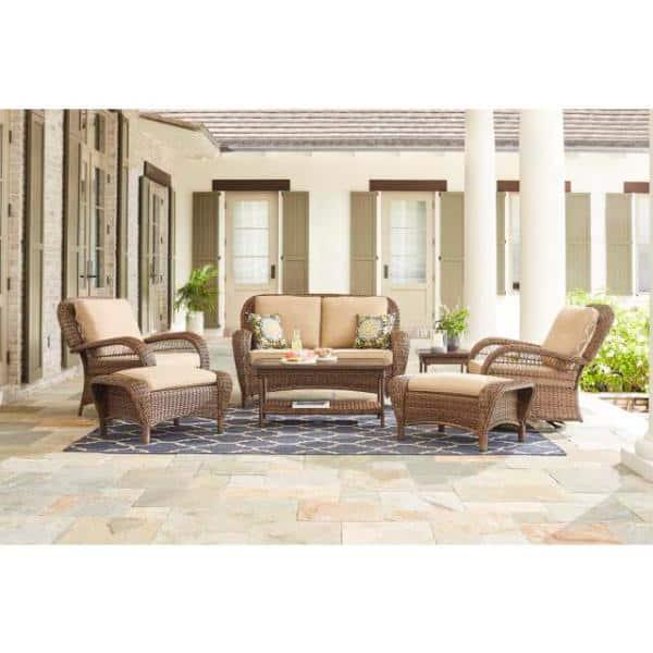 Hampton Bay Beacon Park Brown Wicker Outdoor Patio Ottoman with CushionGuard Toffee Trellis Tan Cushions