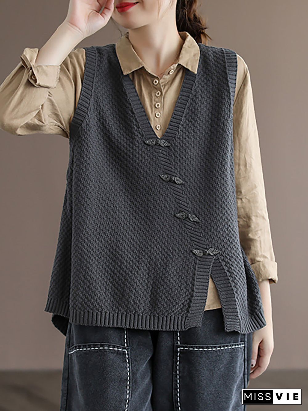 Plus Size Women Button Knitted Vest Waistcoat Sweater