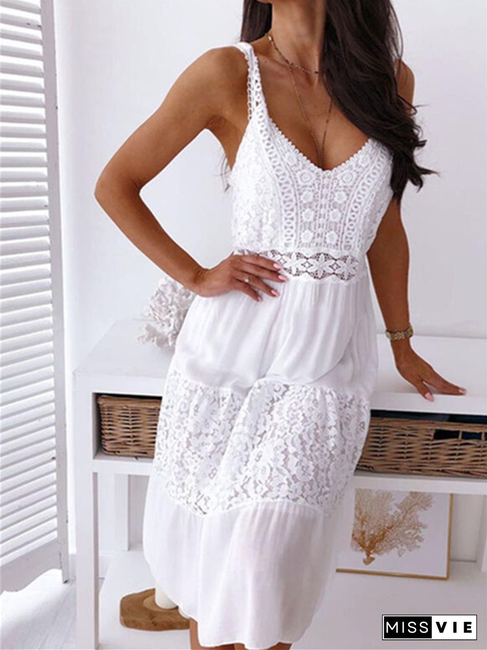 New Lace Stitching Strap Beach Skirt Dress White Dresses