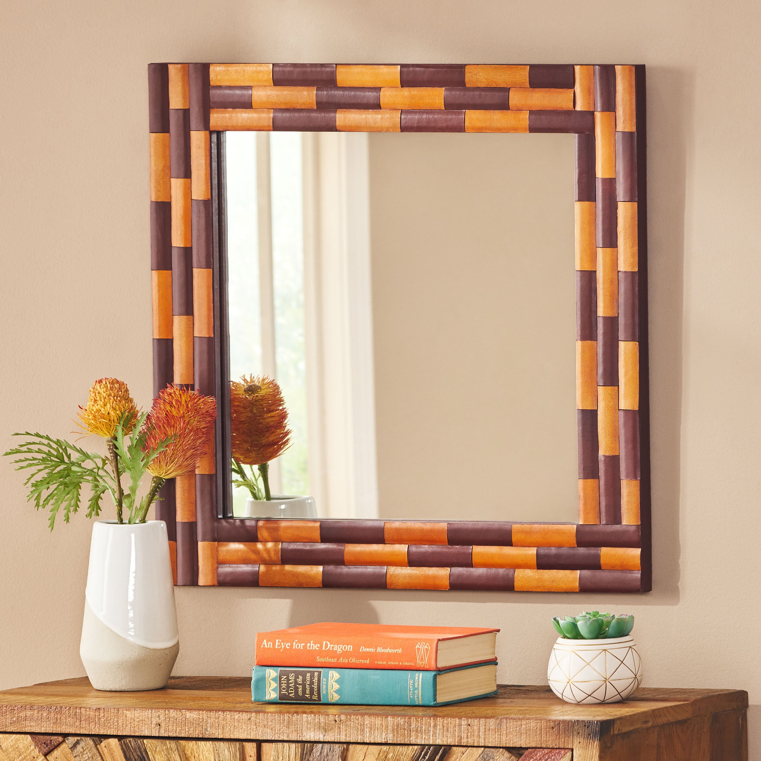 Connesena Handcrafted Boho Leather Square Wall Mirror