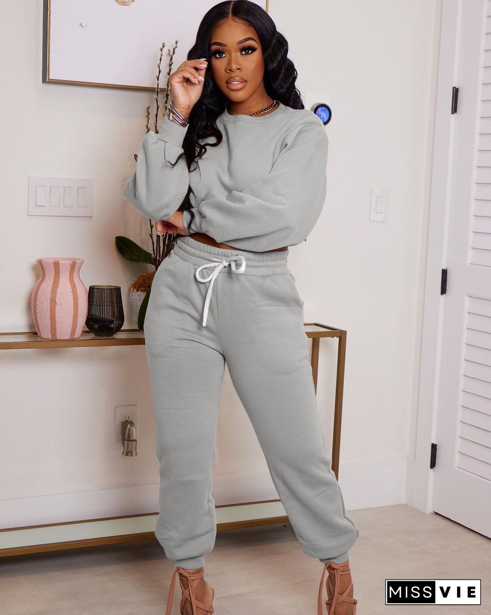 Loose Simple Solid T Shirt Sweatpants Two Piece Set