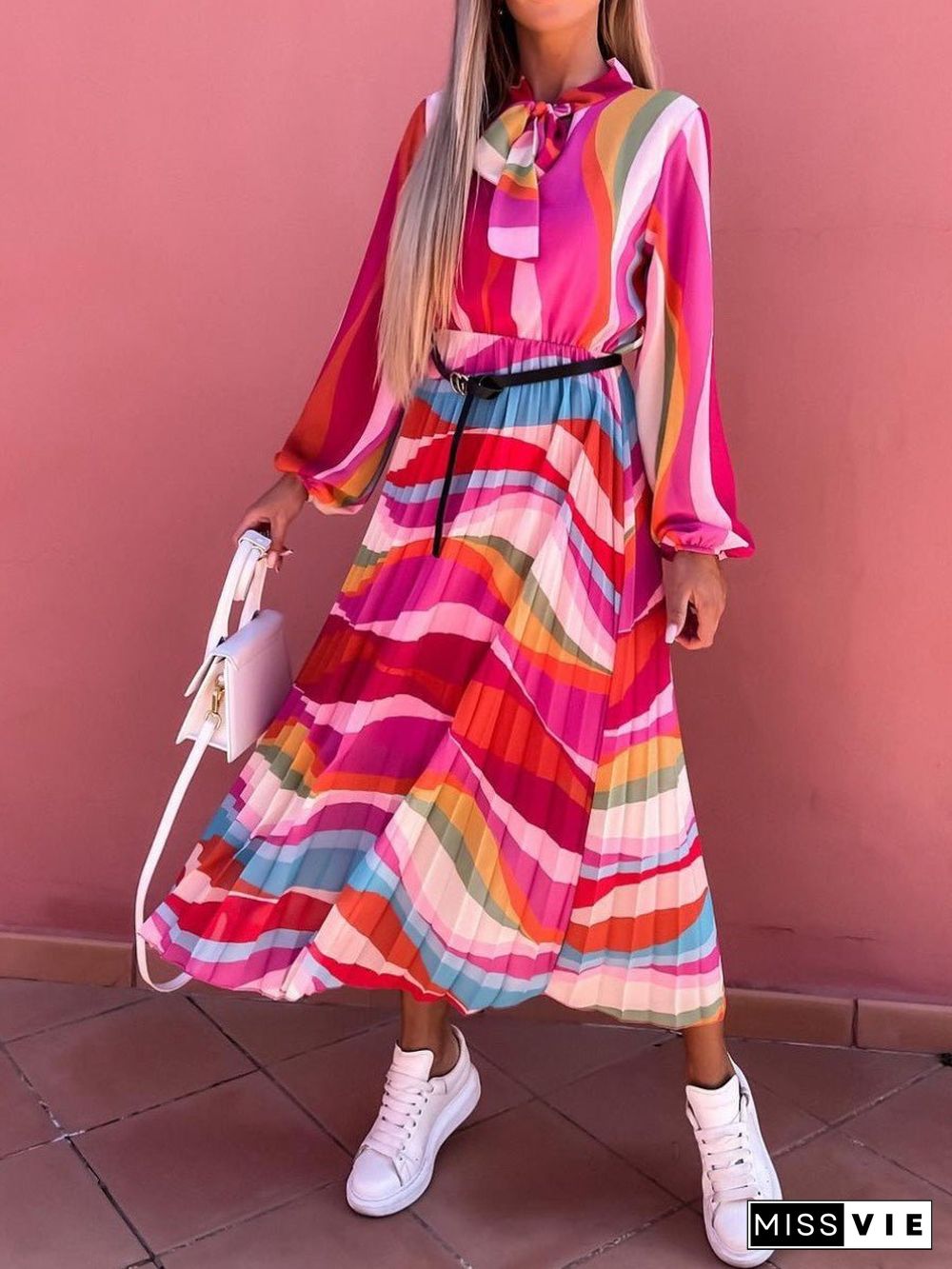 Women'S Dresses Rainbow Print Belt Long Sleeve Dress