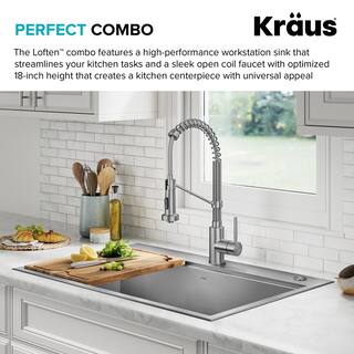 KRAUS Loften 33 in. Drop-inUndermount Single Bowl Stainless Steel Kitchen Workstation Sink with Faucet and Accessories KWT320-3318-1610SFS