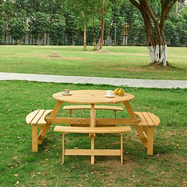 Outdoor Round Wood Picnic Table with 4 BuiltIn Benches，Umbrella Hole