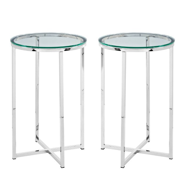 Set Of 2 Vivian Glam X Leg Round Side Tables Glass chrome Saracina Home