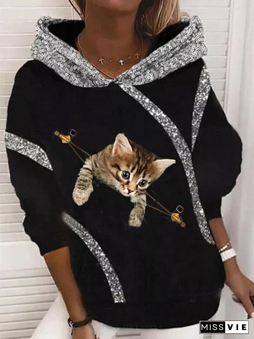 Women Long Sleeve Hooded Cat Print Sweatshirts