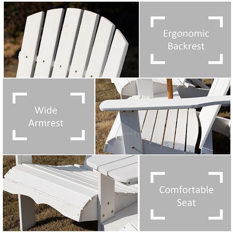 Outsunny Set of 2 Wooden Adirondack Chairs， Outdoor Double Seat with Center Table and Umbrella Hole for Patio， Backyard， Deck， Fire Pit， White