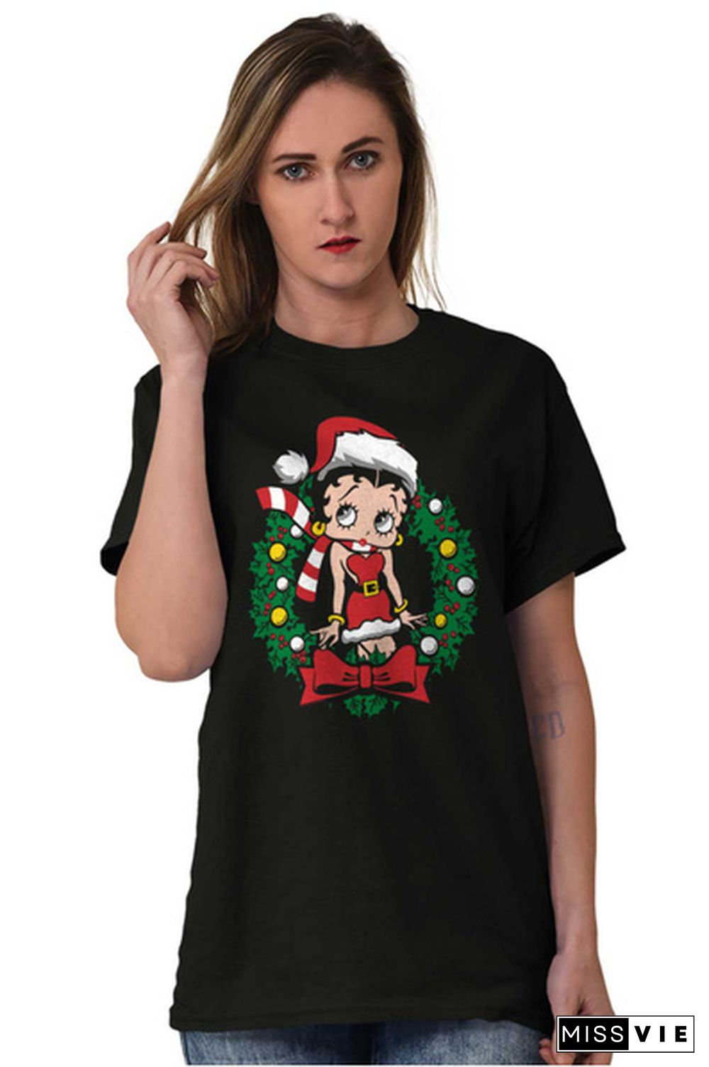 Betty Boop Cartoon Christmas Cute Vintage Womens Graphic Crewneck T Shirt Tee