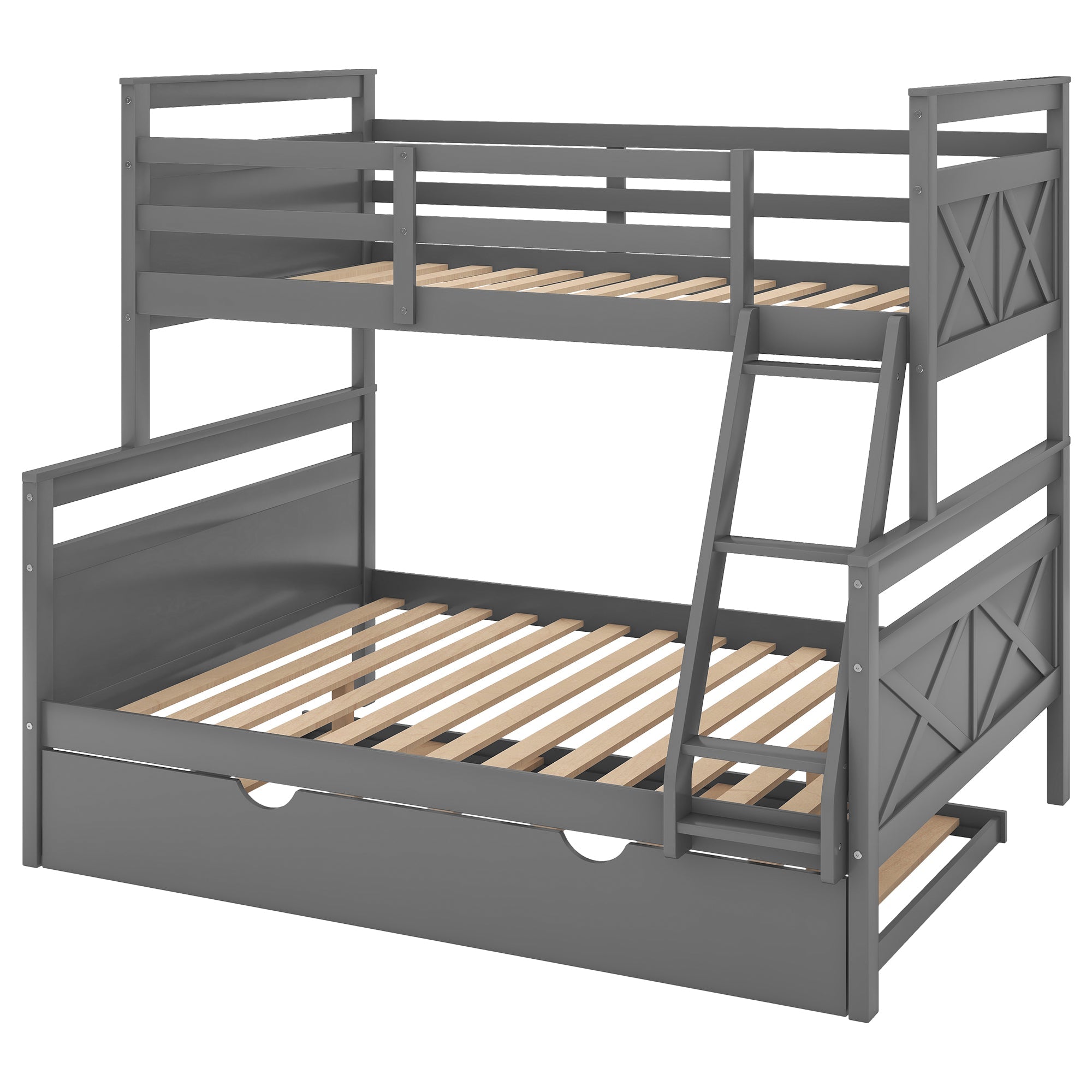 Euroco Wood Twin over Full Bunk Bed with Trundle for Kids & Adults Bedroom, Gray