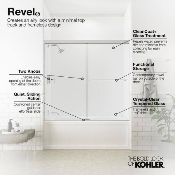 KOHLER Revel 59-58 in. x 55-12 in. Frameless Sliding Tub Door in Anodized Brushed Nickel with Handle 707000-L-BNK